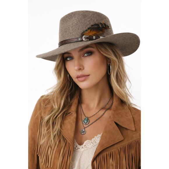 Overland Wool Felt Western Hat Size M Taupe Feather Festival Boho Renaissance main image 9